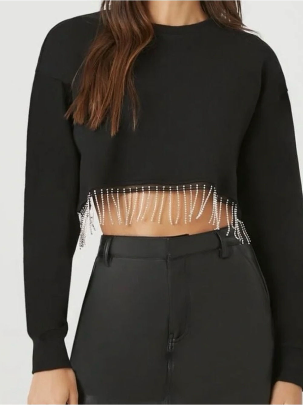 Forever 21 Black Cropped Sweatshirt with Rhinestone Fringe